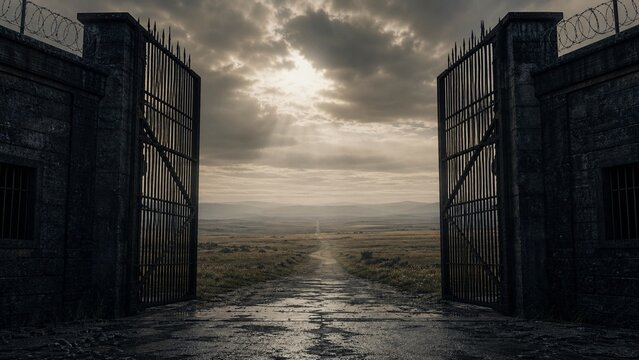 An open prison gate leading to a vast field in the distance.