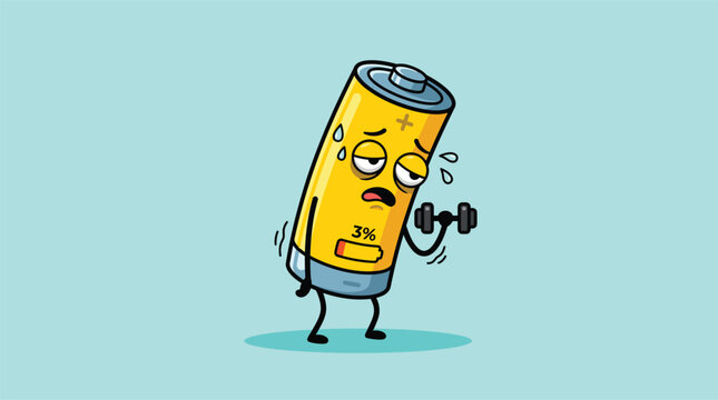 Tired battery character trying to exercise with a dumbbell, illustrating low energy and burnout concept