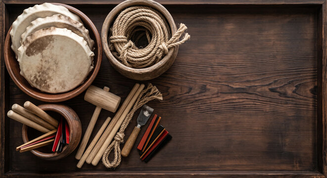 Top down view of Japanese Noh Taiko drum tuning tools on cedar wood
