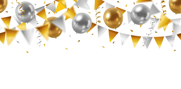 Decorative seamless pattern with shiny gold and silver flying balloons, decorative garlands and falling streamers and confetti on transparent background	
