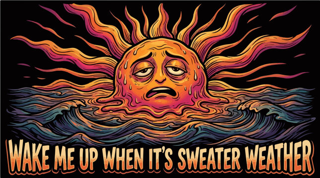 Funny summer heat vector illustration of an exhausted melting sun in the ocean with the quote Wake Me Up When Its Sweater Weather, humorous print on demand apparel design.