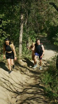 Friends are seen hiking uphill on a sunny forest trail, enjoying the natural environment. They are actively moving through the woods, exploring the scenic path together.