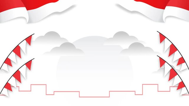 High-quality Indonesia Independence Day background video with red & white flags, bunting, and clouds. Perfect motion graphic for August 17 celebrations, presentations, and events.