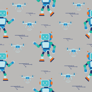 Cute robot seamless pattern, kids technology background with drone, satellite and circuit elements for nursery and fabric design