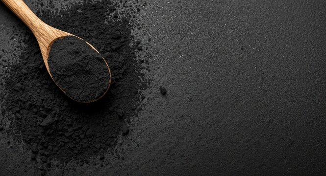Wooden Spoon with Activated Charcoal Powder on Black Background