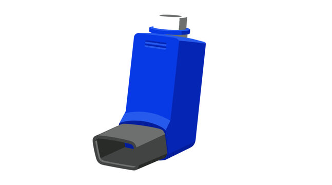 Blue inhaler for asthma treatment on a white background.