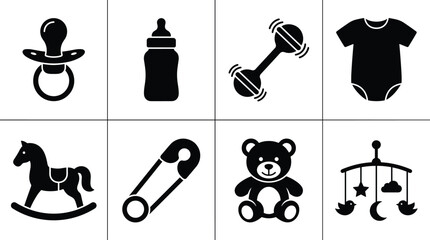 Set of black and white baby icons featuring toys, clothes, and feeding accessories vector illustration