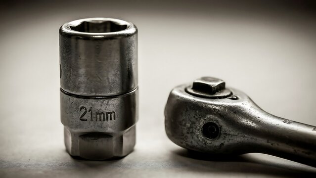 Socket wrench and twenty one millimeter socket representing mechanical tools automotive repair and maintenance