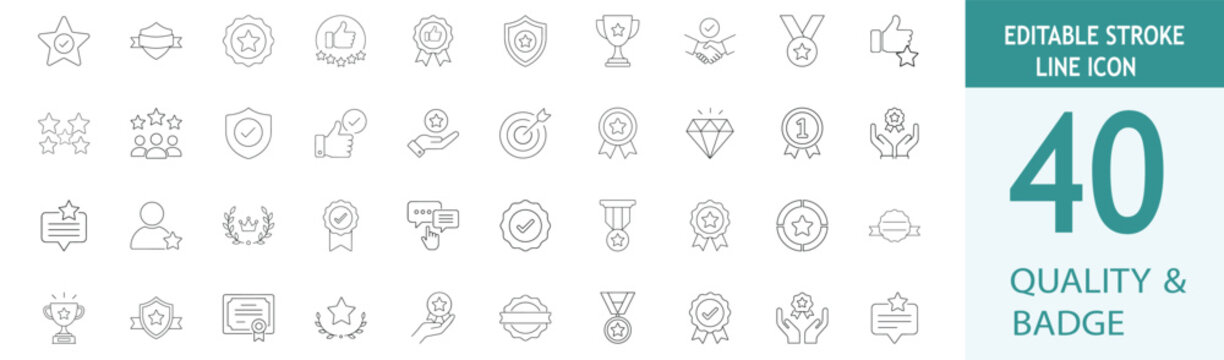 Set of 40 quality and badge line icons, including symbols for awards, medals, trophies, stars, certificates, customer satisfaction, and premium service, editable stroke, vector illustration