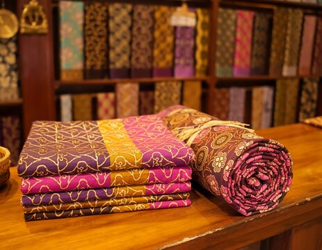 Colorful Stacked and Rolled Traditional Indonesian Batik Garut Fabrics on Wooden Shop Counter