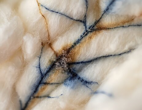 Extreme Macro Close-up of Vibrant Natural Dye Patterns Absorbed into Soft White Organic Cotton Fiber Textures
