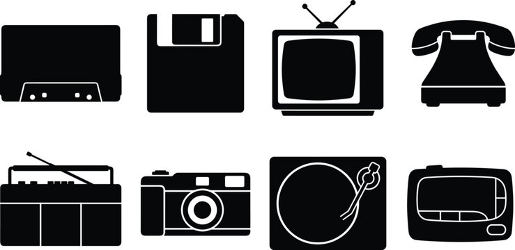 Set of black retro electronics icons featuring cassette floppy disk vintage television and tech devices vector illustration
