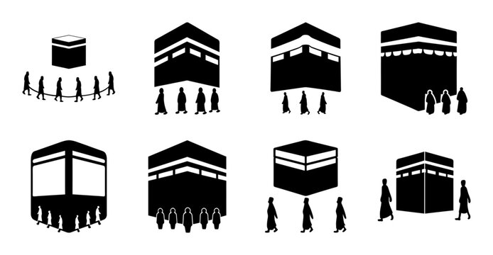 Islamic kaaba and hajj pilgrims illustration - Black and white vector icons depicting the Kaaba in Mecca with pilgrims performing Hajj rituals and prayers.