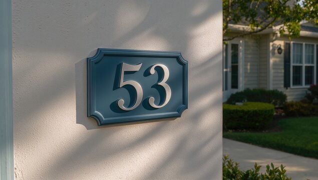 House Number 53 on a Decorative Sign with Soft Shadows in a Residential Setting