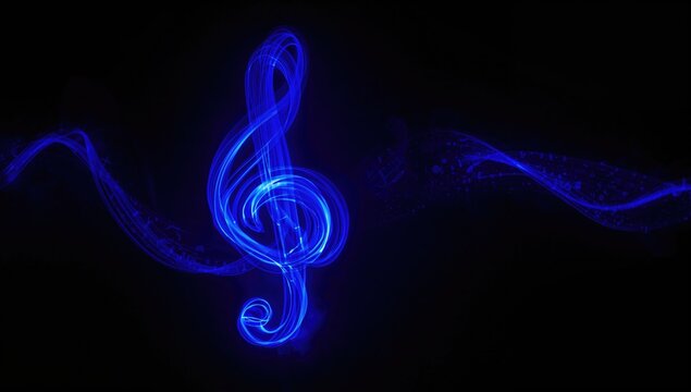 Glowing Blue Treble Clef with Light Trails on Black Background