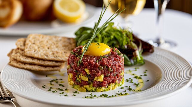 Elegant Tuna Tartare Tower with Avocado and Raw Egg Yolk Served with Crispbread