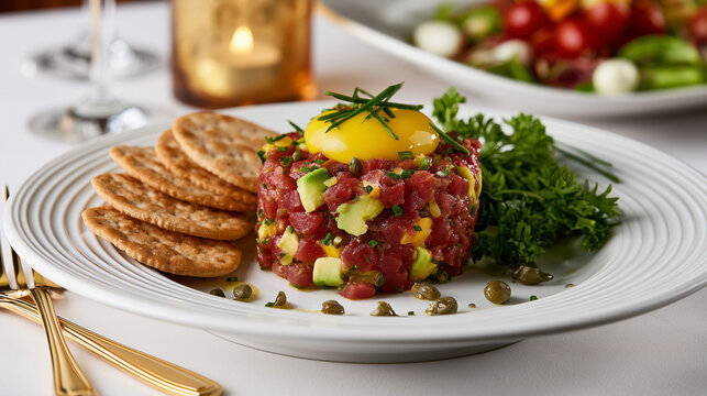 Gourmet Tuna Tartare Tower with Avocado and Egg Yolk Served with Crackers