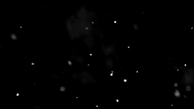 An animation of falling white snowflakes on a black background for winter weather overlay and video projects