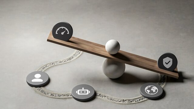Business balance concept with wooden seesaw representing workflow priorities and project management