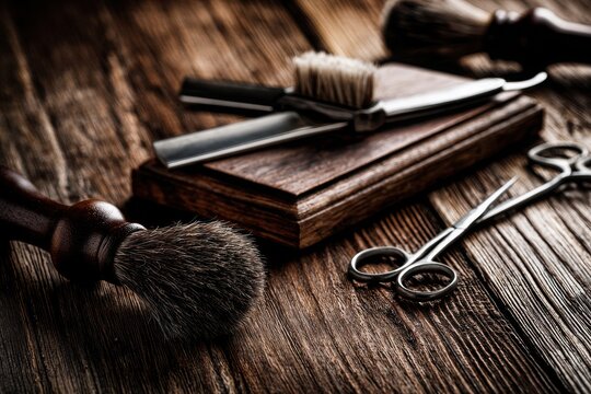 Barber tools on a rustic wooden table. Classic shaving kit theme.