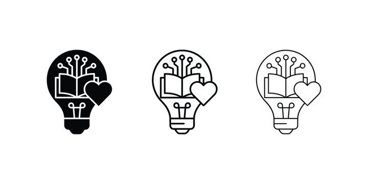 Digital learning lightbulb icon. EdTech book and heart symbol isolated on transparent background.