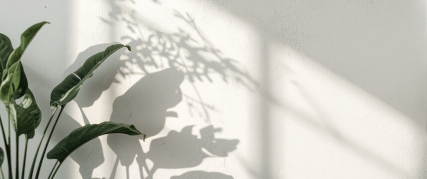 Green Plant Casting Shadows on a White Wall in Soft Light