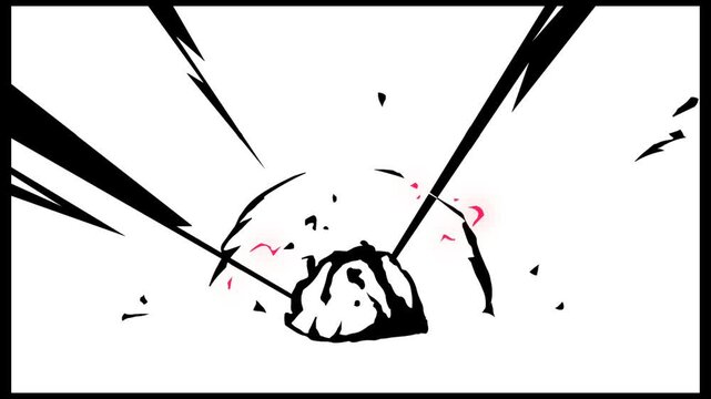 An animation of a comic book style impact explosion effect with black and white lines on a white background