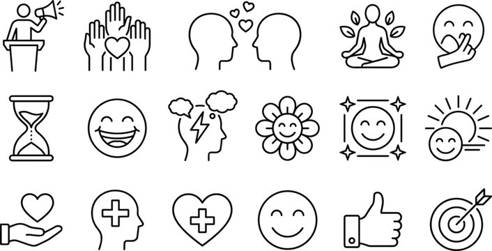 Mental health and emotional wellness line icons set for psychology therapy mindfulness and positive thinking design