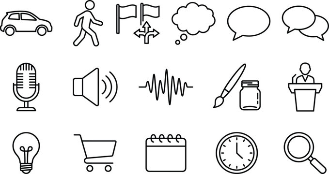 Multimedia communication creative thinking and business presentation line icons set for public speaking and lifestyle design
