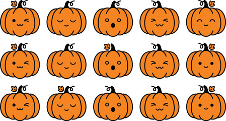 Obraz premium Set of cute cartoon pumpkins with various funny facial expressions for halloween decorations and autumn seasonal design elements