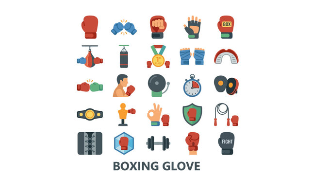 Colorful boxing tournament and equipment icon set