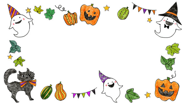 可愛いおばけやカボチャと黒猫の手描き色鉛筆ハロウィンフレーム（枠・メッセージカード素材）
Cute ghost, pumpkin, and black cat hand-drawn colored pencil Halloween frame (border, card template)