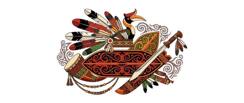 Dayak Cultural Symbols Illustration with Hornbill and Traditional Mandau Sword