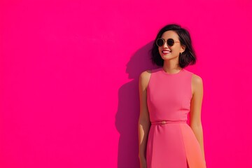 Obraz premium Stylish woman in a pink dress poses against a vibrant pink wall showcasing modern fashion trends and lively aesthetics for commercial photography needs. Generative AI