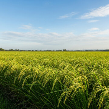 vibrant green rice field landscape under a clear blue sky with mountains in the background