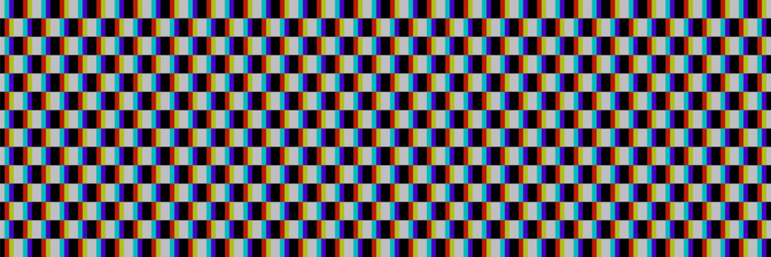 Vibrant neon glitched op art seamless pattern, psychedelic rainbow optical illusion checkerboard background