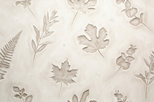 A light beige wall surface featuring embossed leaf imprints including maple, fern, and eucalyptus foliage in a repeating botanical pattern