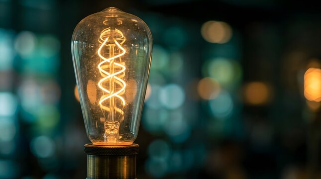 A glowing vintage edison light bulb with a visible filament against a dark blurred background with bokeh