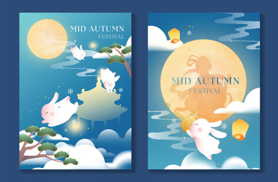 Mid Autumn Festival poster templates vector set. Asian moon celebration designs with rabbits, lanterns, clouds, pine trees and moon goddess silhouette for greeting cards, banners and invitations.