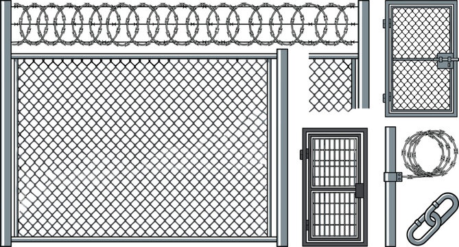 Security Chain Link Fence Vector Set with Barbed Razor Wire, Steel Gates, Metal Posts, and Prison Bar Elements