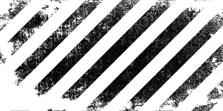 Abstract black and white grunge background texture with distressed diagonal warning stripes. Industrial caution barricade tape vector graphic design asset for poster or banner.