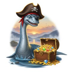 Obraz premium Whimsical nessie the loch ness monster pirate adventure with treasure chest overflowing with gold coins and jewels