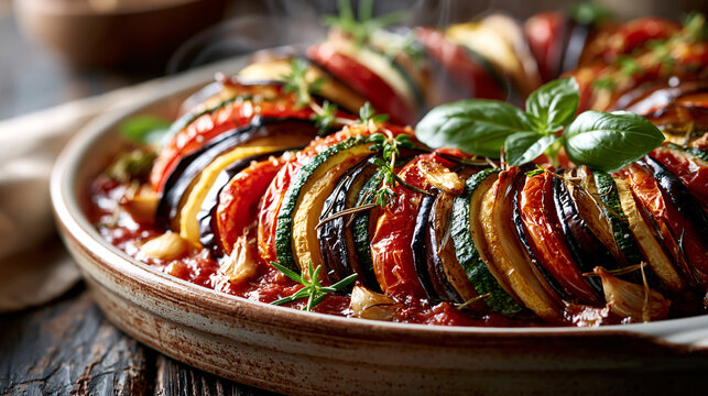 Authentic French ratatouille made with zucchini, eggplant, tomatoes, onions and herbs baked in a rich tomato sauce
