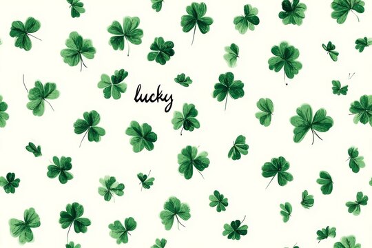 A beautiful pattern of green clovers symbolizing luck and positivity surrounded by a soft white background. Perfect for greetings cards or themed decor. Generative AI