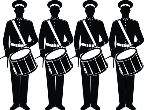 Military marching band drummer soldier silhouette set, isolated parade musical vector design element
