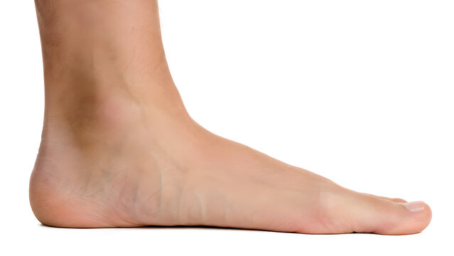 Flat feet with collapsed medial arch in adult foot, photorealistic medical 3D render on white background for podiatry, orthopedic healthcare, medical education, and patient information design