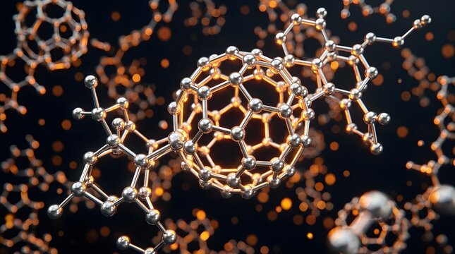 Abstract 3d rendering of buckminsterfullerene molecules showing complex carbon structures in a scientific research laboratory environment