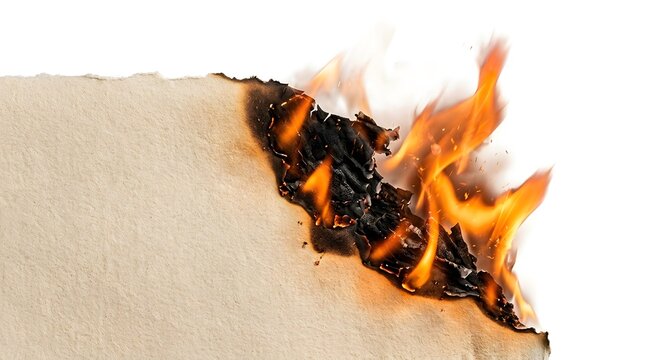 A close up view of a piece of brown paper burning with bright orange flames and smoke