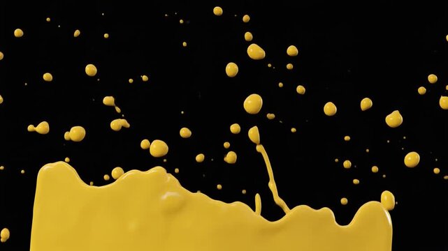 Yellow paint splash slow motion video footage. Bright liquid rising in a crown shape with droplets against a black background. Creative art and dynamic fluid motion for commercial production.