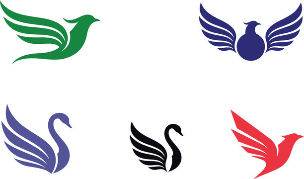 Bird Logo Collection with Stylized Wings, Swan Shapes and Colorful Flying Bird Silhouettes on White Background